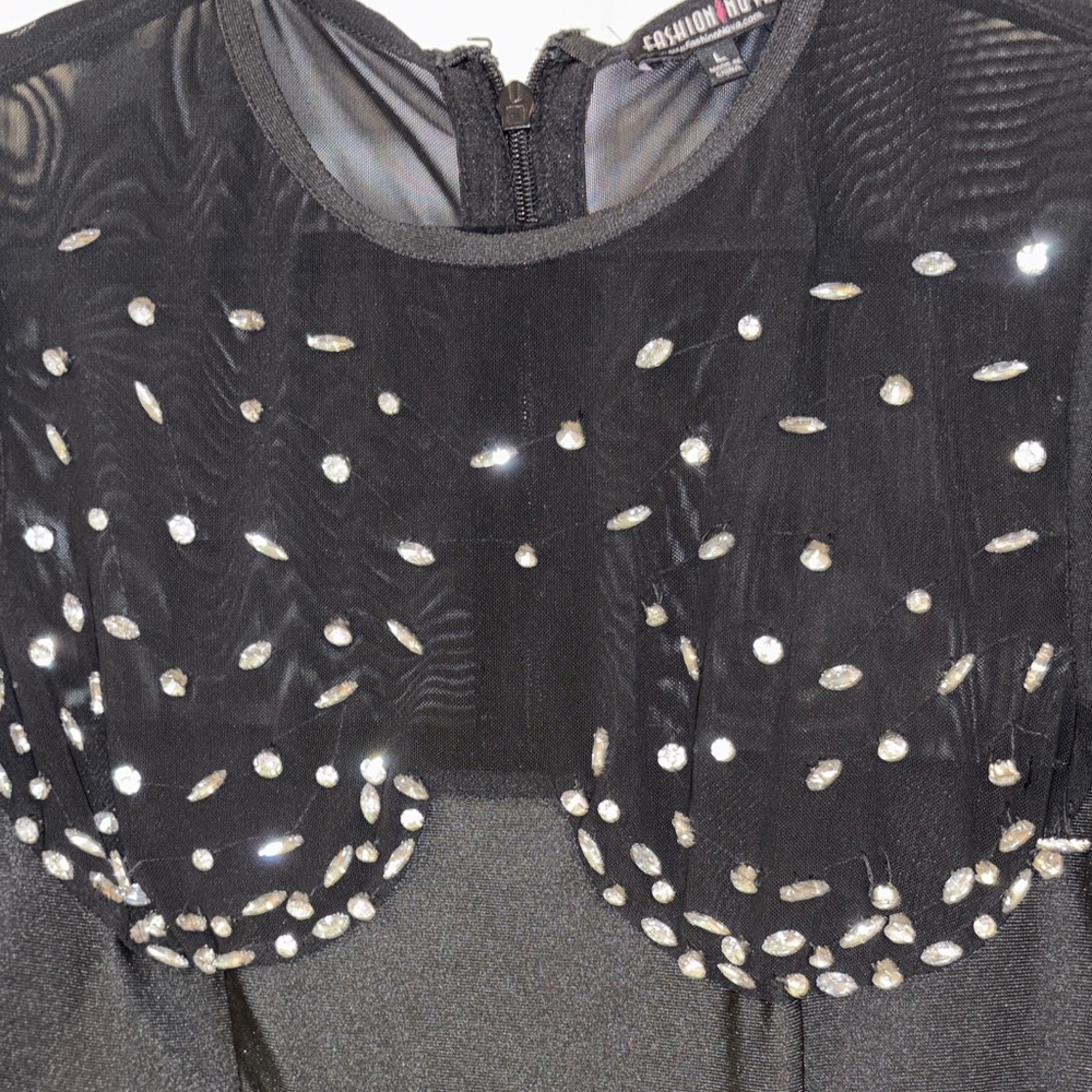Sexy Black Mesh Rhinestone Dress Size L Sheer Long Sleeve Clubwear - Picture 3 of 5